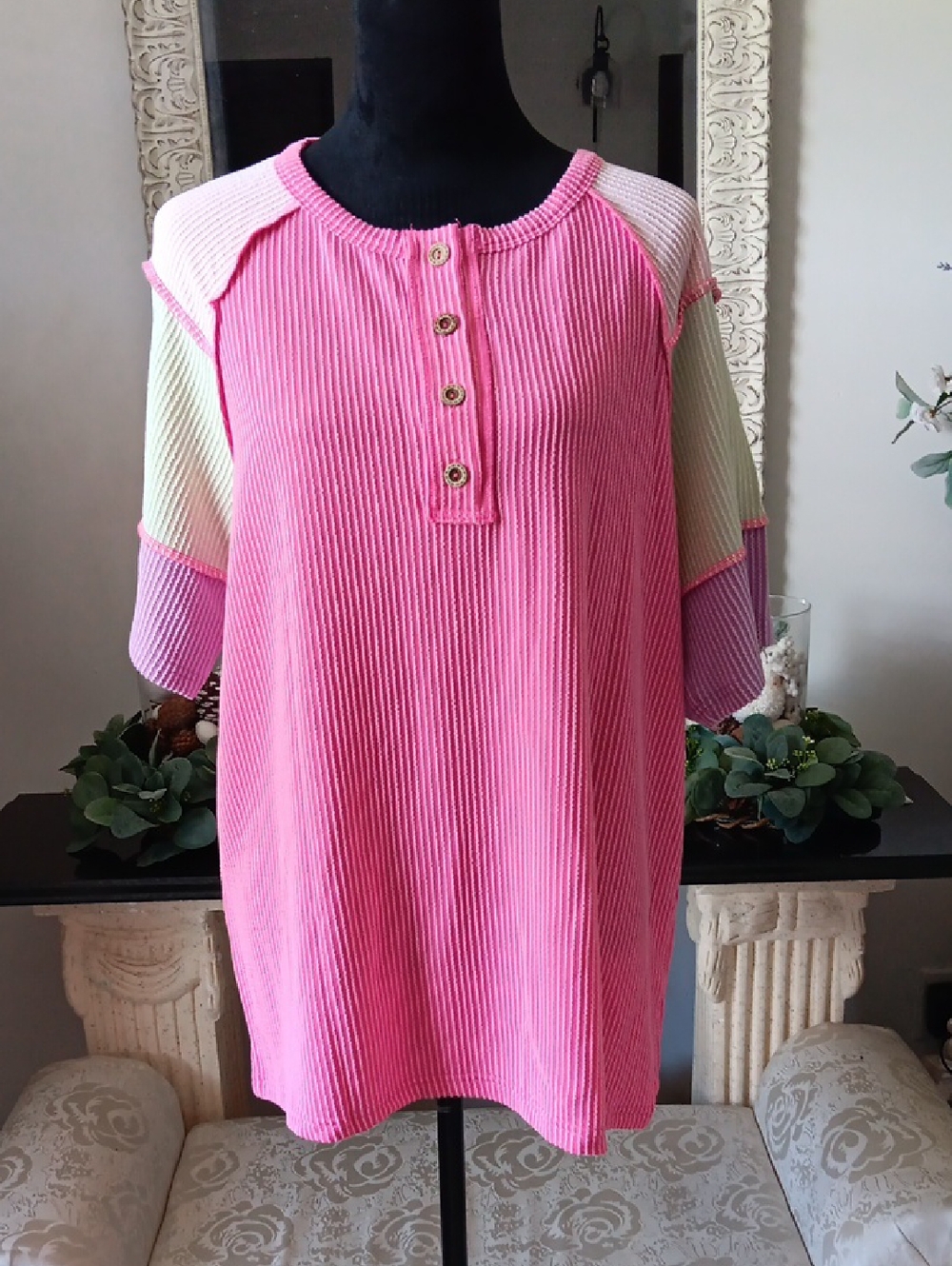 Pink Ribbed Button Henley Top with Colorblock Sleeves